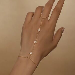 925 Sterling Silver Ring / Finger Bracelet. Elegant Gold Heart Chain Bracelet.